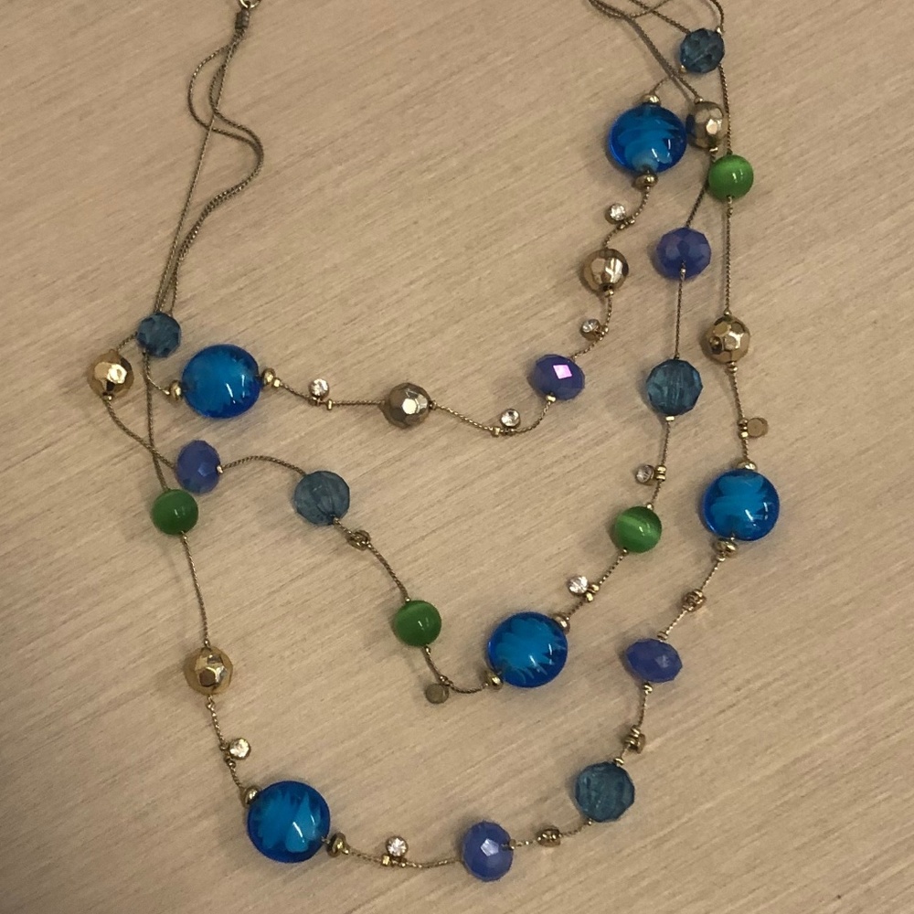 Blue Green Beaded 3 Strand Necklace